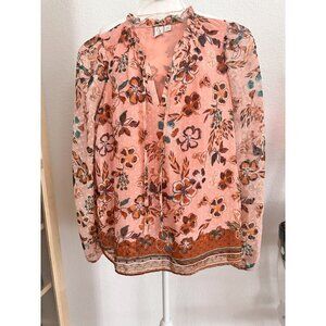 NWOT. Joie Peach Floral Fairy Sheer Women Chiffon Ruffle Top Tie Blouse.V-neck.S